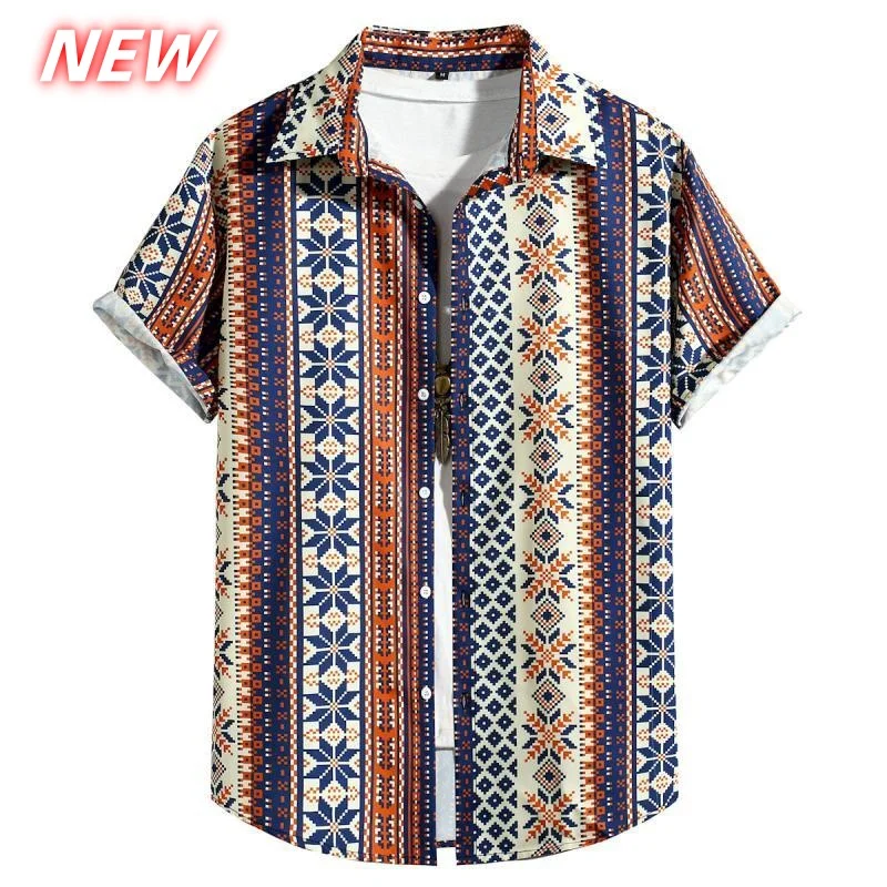 

Retro Ethnic Pattern Hawaiian Shirt For Men Geometric Stripes 3D Print Aloha Shirts Summer Casual Short Sleeve Blouse Lapel Tops
