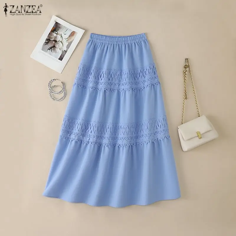 2026 ZANZEA Summer Stylish A-line Holiday Jupe Women Casual Elastic Waist Skirt Elegant Lace Patchwork Skirt Work Faldas Saia