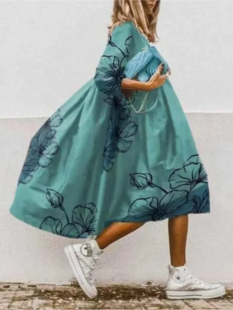 Fashion Boho Floral Print Dress Women O Neck Oversize Loose Midi Dress  Summer Casual Holiday Beach Long Dresses Female