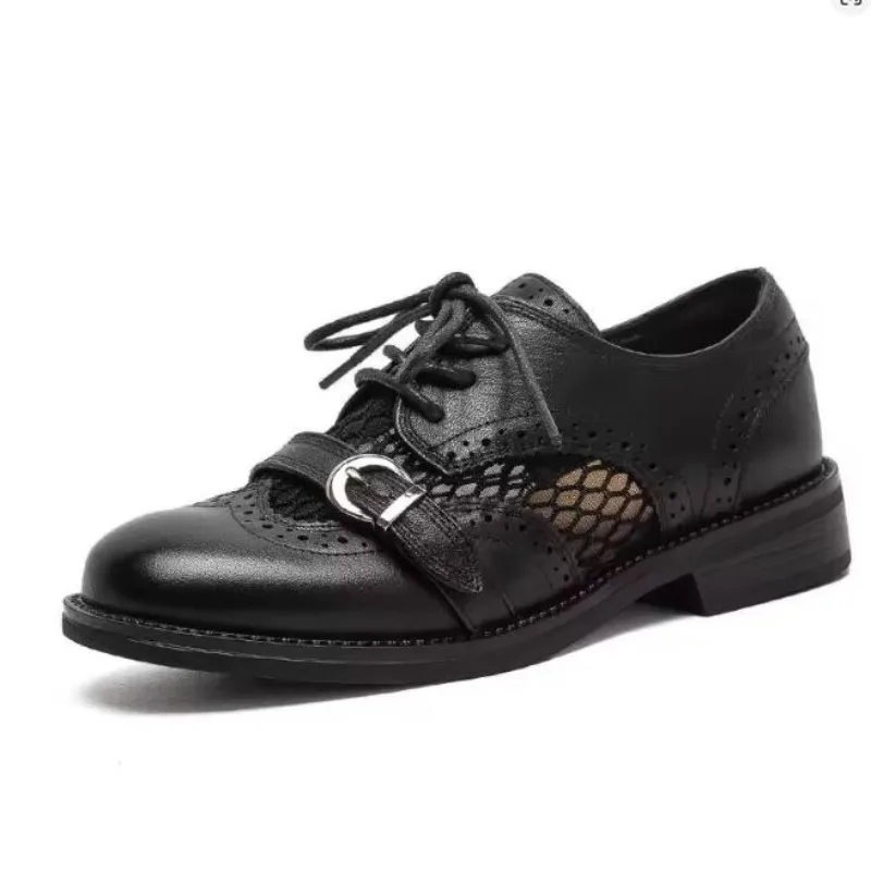 

British Style Hollow out Floral Carving Block Heels Women's Shoes Leather Breathable Low Heel round Toe Spring Autumn Winter