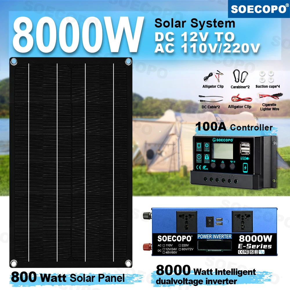 

8000W Solar Power Kit 800W Panel Inverter 12V/24V-110V/220V 100A Controller for Home/Camping/RV Backup System, Energy Efficient