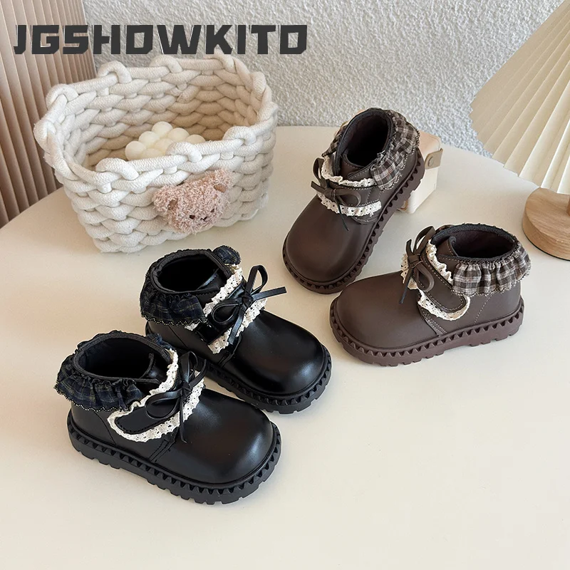 JGSHOWKITO Toddler Girls Sweet Ankle Boots Plaid Lace Trim Bow Decor Children Fashion Boots Princess Catwalk Kids Short Boots