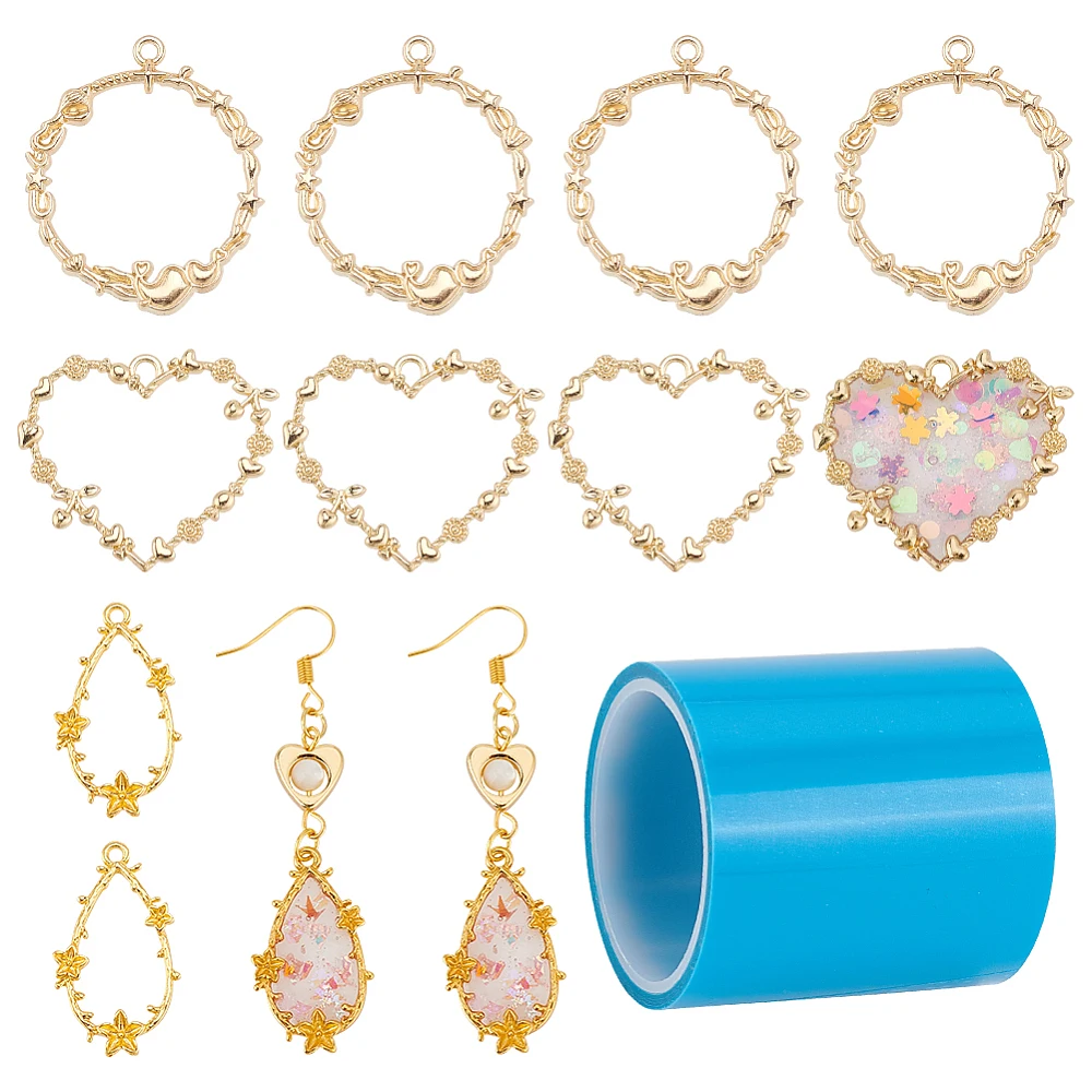 12pcs Wreath Open Back Bezel Pendant Teardrop Round Heart Alloy Resin Frame Pendants Hollow Frame Charms with 1 Roll Seamless