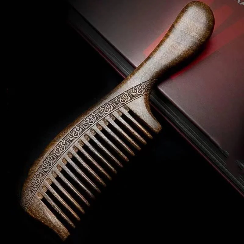 

Wooden Comb with Handle Natural Sandalwood Anti-Static Hair Detangler Comb Double Sided Carving Head Scalp Massage