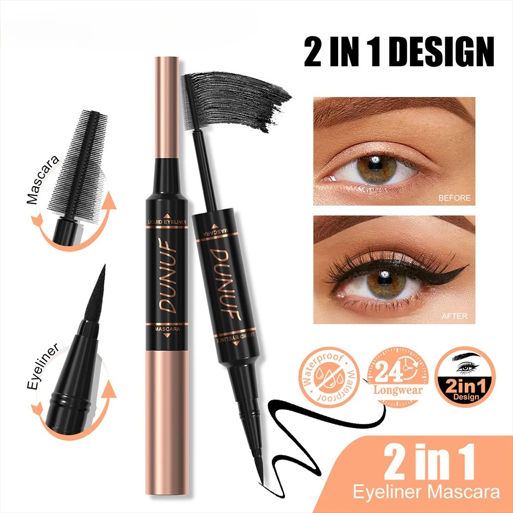 2-in-1 マスカラ + アイライナー 防水 汚れ防止 長さ出し カールアップ ボリュームアップ 終日持続 敏感な目にも最適 ジム 水泳にも最適