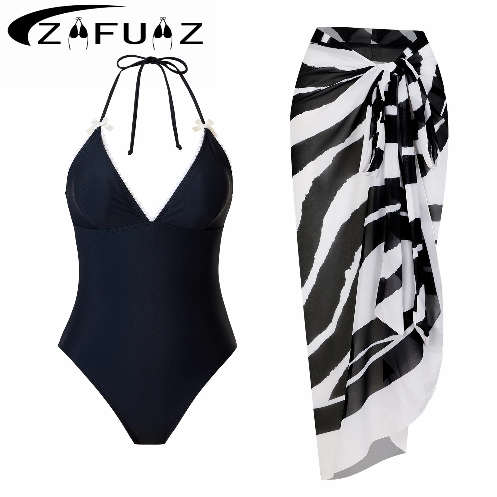 One-piece Swimsuit Set 2024 New Black and White Sexy Two-piece Swimsuit Chiffon Skirt Bodysuit Bathing Suit Female Beach Wear