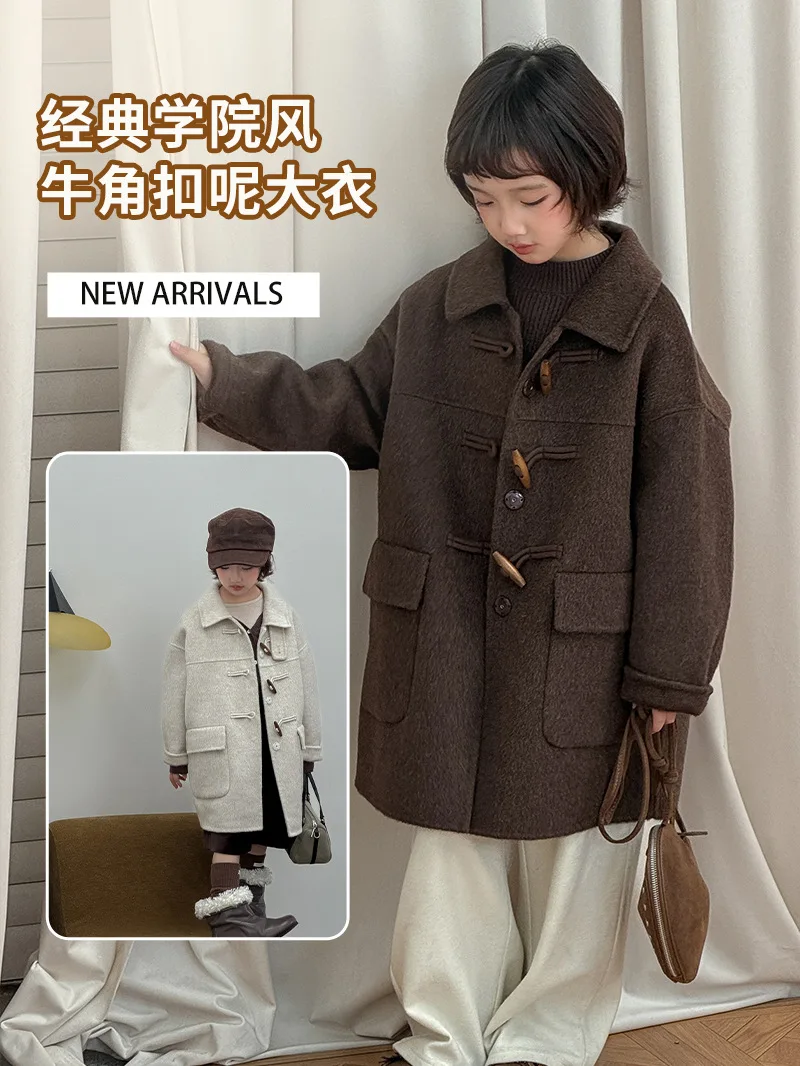 2026 Autumn/Winter New Double sided Cashmere Coat  Medium to Long Medium to Large  Children's Horn Button Western Style Wool Woo