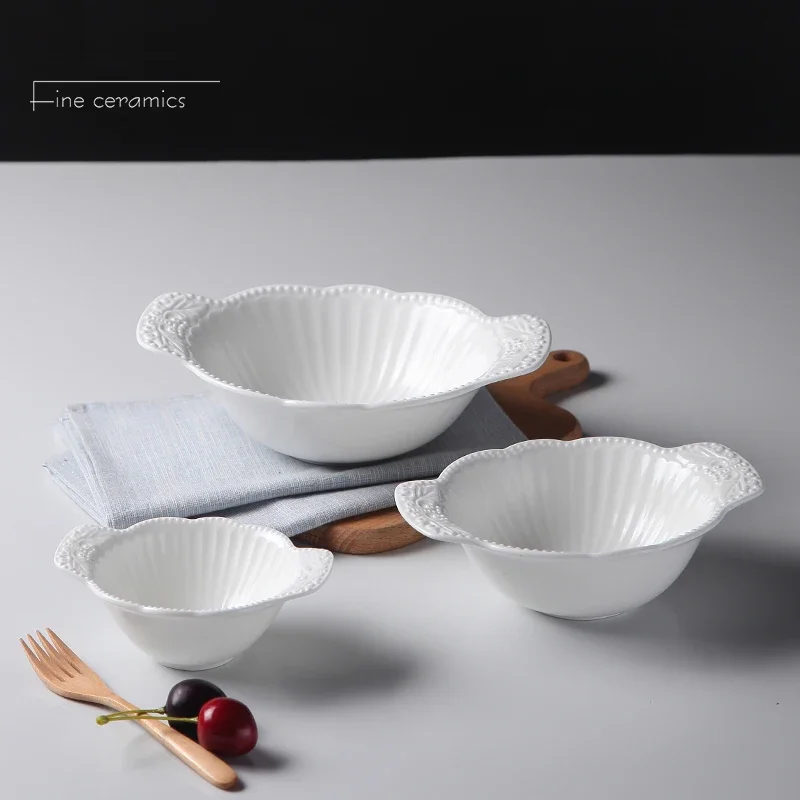 2pcs Set, White Embossed Porcelain Mixing Salad Bowl, Ceramic Soup Bowl with Handle, Vintage Noodle Dinner Serving