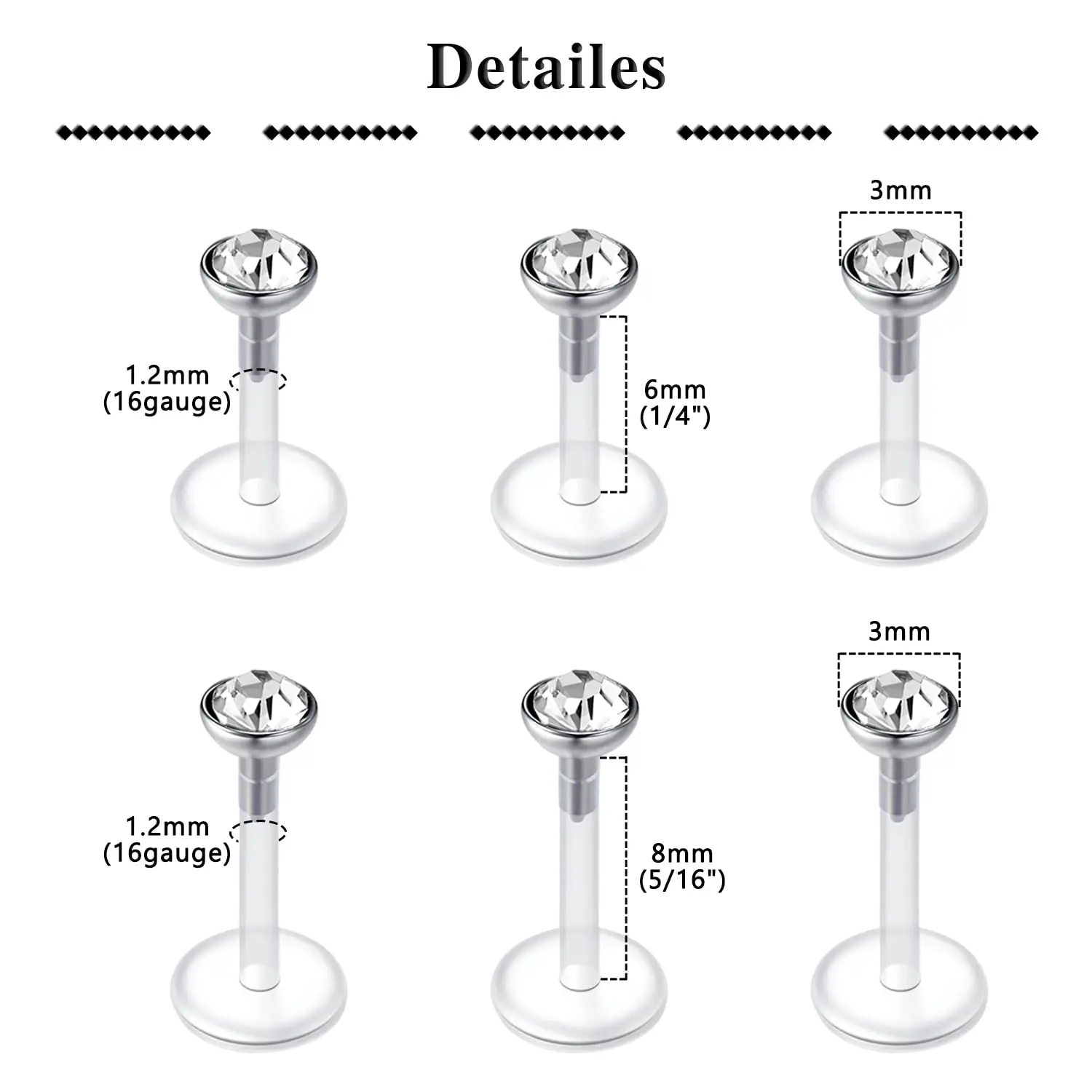 16G Clear Lip Rings Studs Plastic Piercing Jewelry Push in Cartilage Earring Tragus Earrings Threadless Earrings 6mm 8mm 10mm