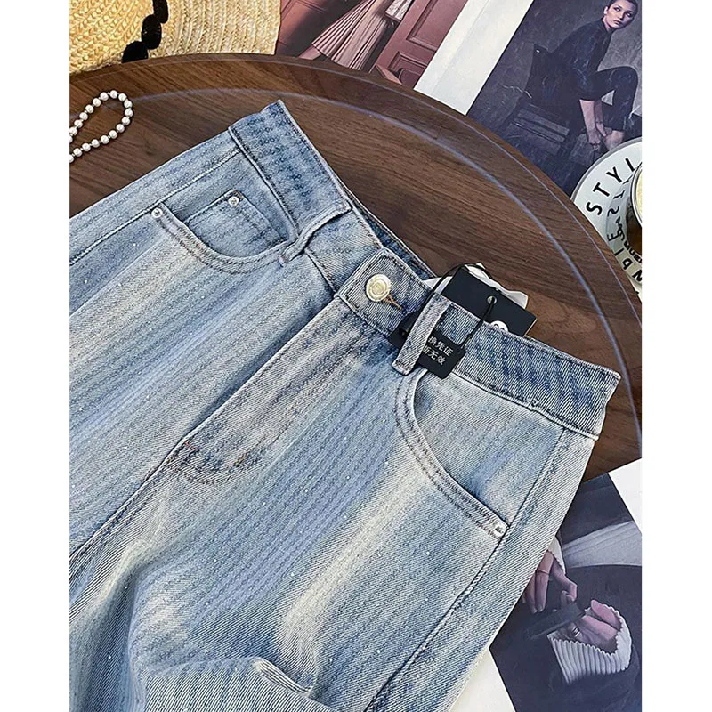 

Весенне-осенние широкие джинсы с высокой талией, женские синие свободные узкие прямые брюки с горячим тиснением, женские повседневные джинсовые брюки