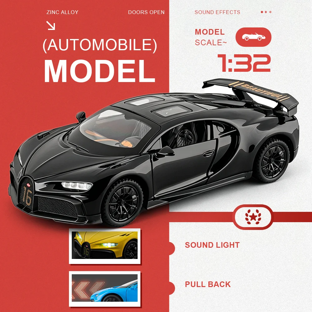 

1:32 Chiron La Voiture Noire Sports Car Model Alloy Miniature Diecast Toy Sound Light Pull Back Doors Opened Vehice Gift for Boy