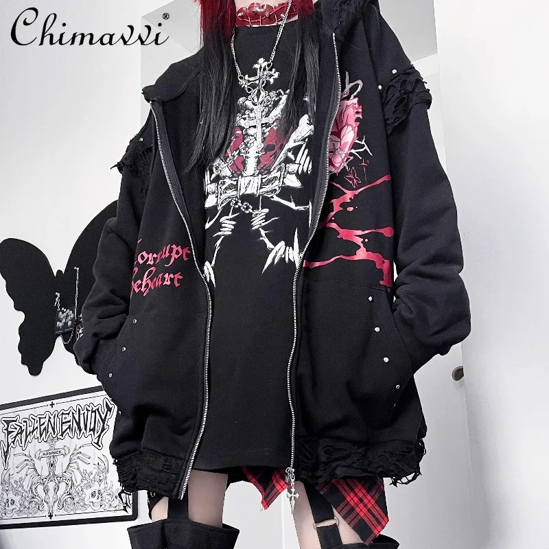 Original Print Japanese Subculture Dark Girl Loose Cat Ear Distressed Hooded Sweatshirt Punk Long Sleeve Hoodies Coat Autumn
