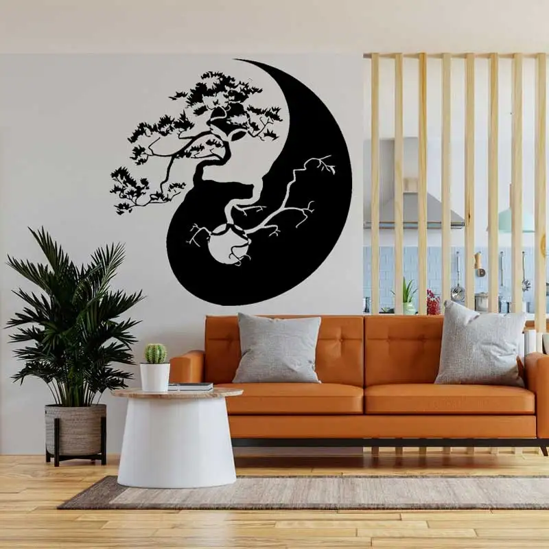 Chinese Pine Bonsai Wall Sticker Asian Buddhist Zen Yin Yang Five Elements Amulet Vinyl Wall Sticker Home Decorative Art Decal