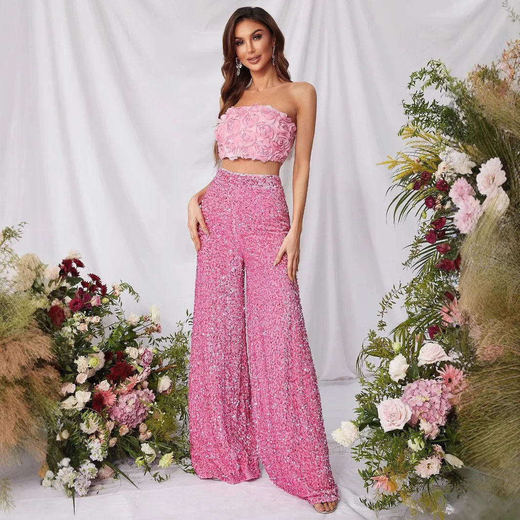 2026 New Summer Women Sequin Wide Leg Pants Fashion High Waist Loose Long Trousers Party Club Streetwear Trendy Pants