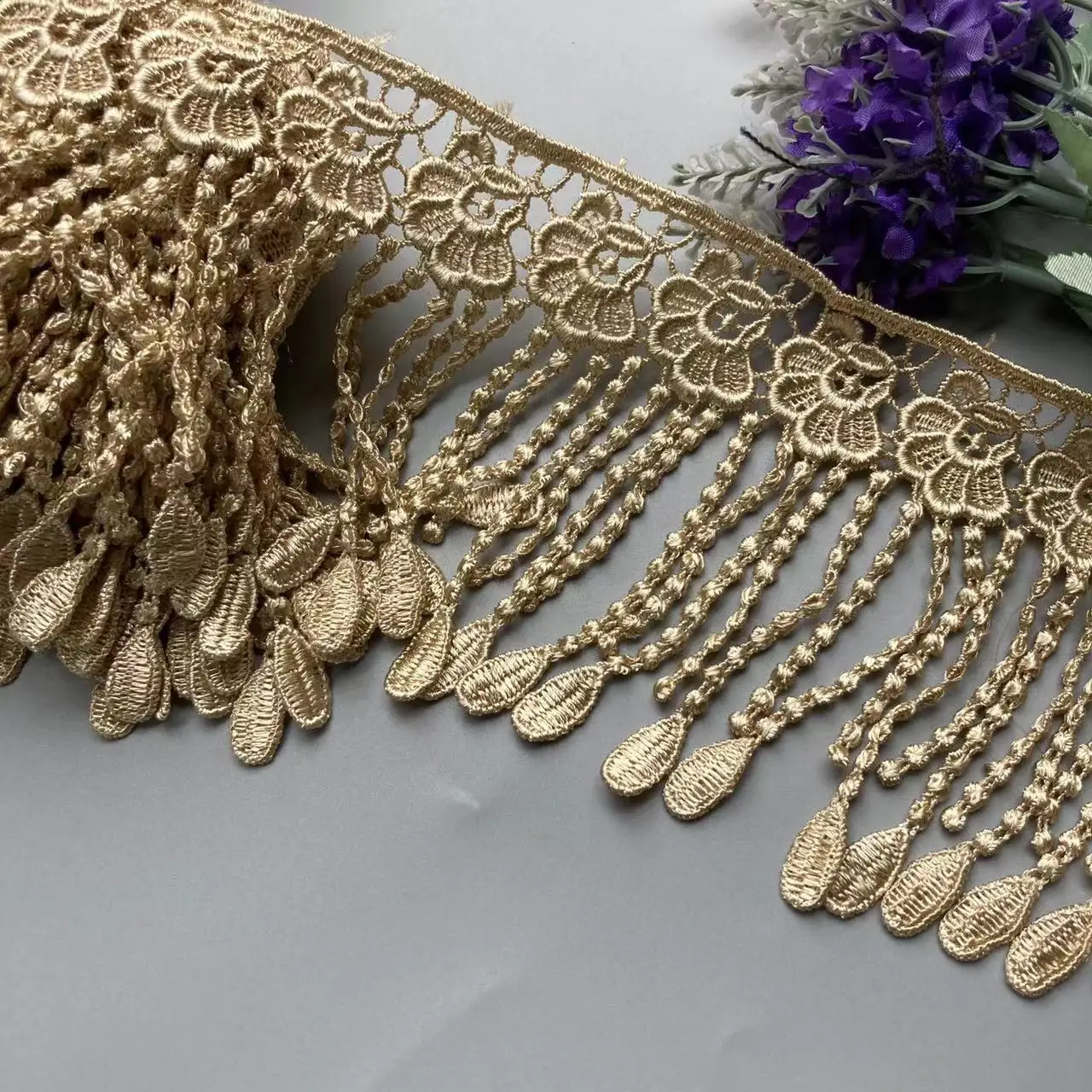 2 Yard Tassel Gold Plum Flowers Pearl Lace Trimmings Ribbons Beaded Fabric Embroidered Curtain Sewing Wedding Dress Clothes New