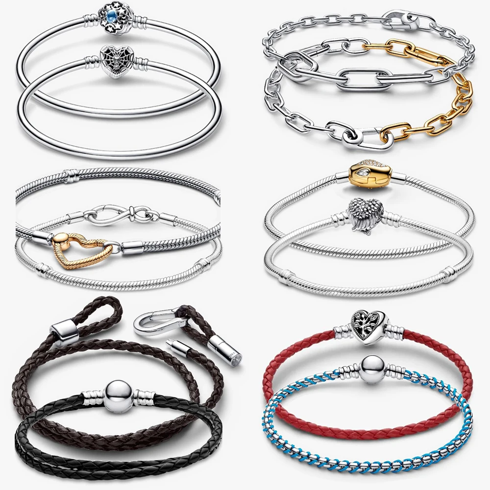 

2026 New 925 Silver Gold Chain Beads Don't Lie ME Pearl Chain Leather Rope Love Heart Bracelet DIY Exquisite Charm Jewelry Gift