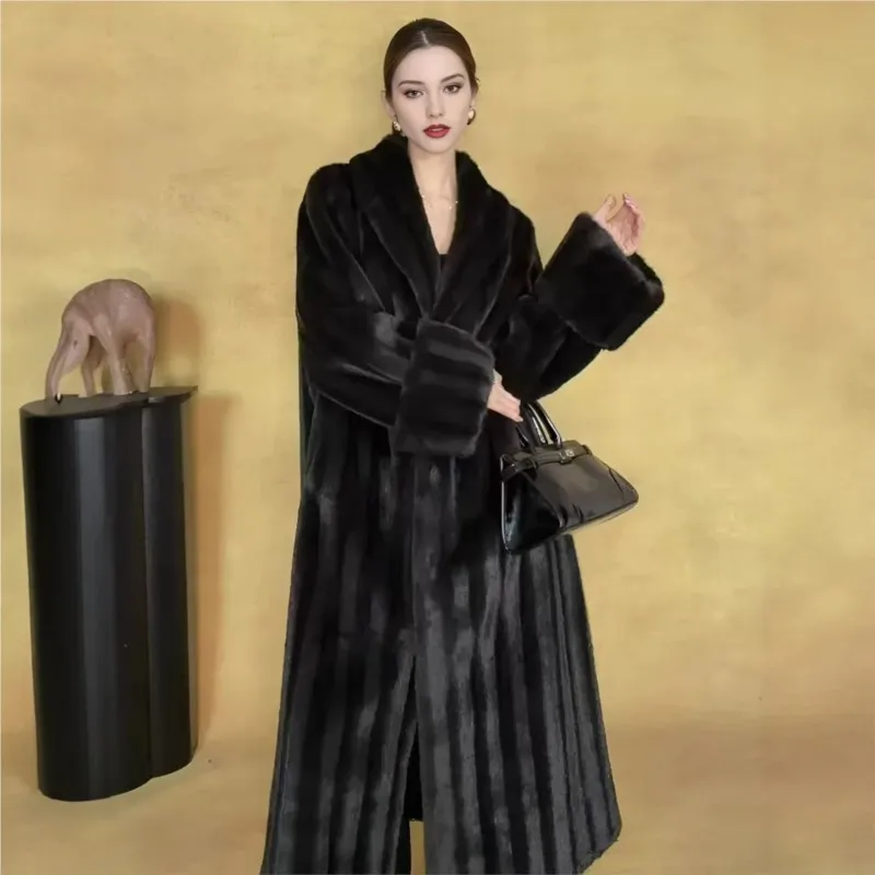 Long mixed fur thick coat vintage women's