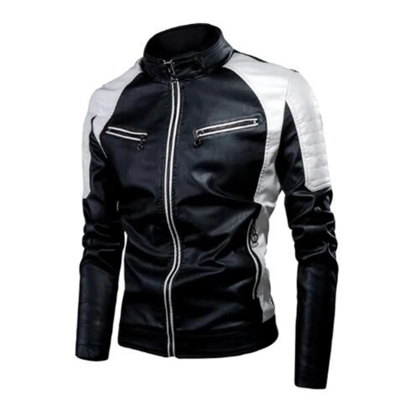 Spring Autumn Color-Block Stand Collar PU Leather Moto Jacket Men's Casual Outerwear