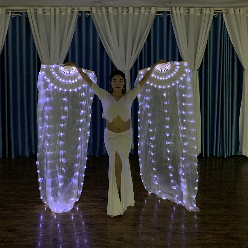 

New White 1 Pair LED Fan Veils Belly Dance 100% Silk Fan Dancing Veil Glow Praise LED Light Up Show