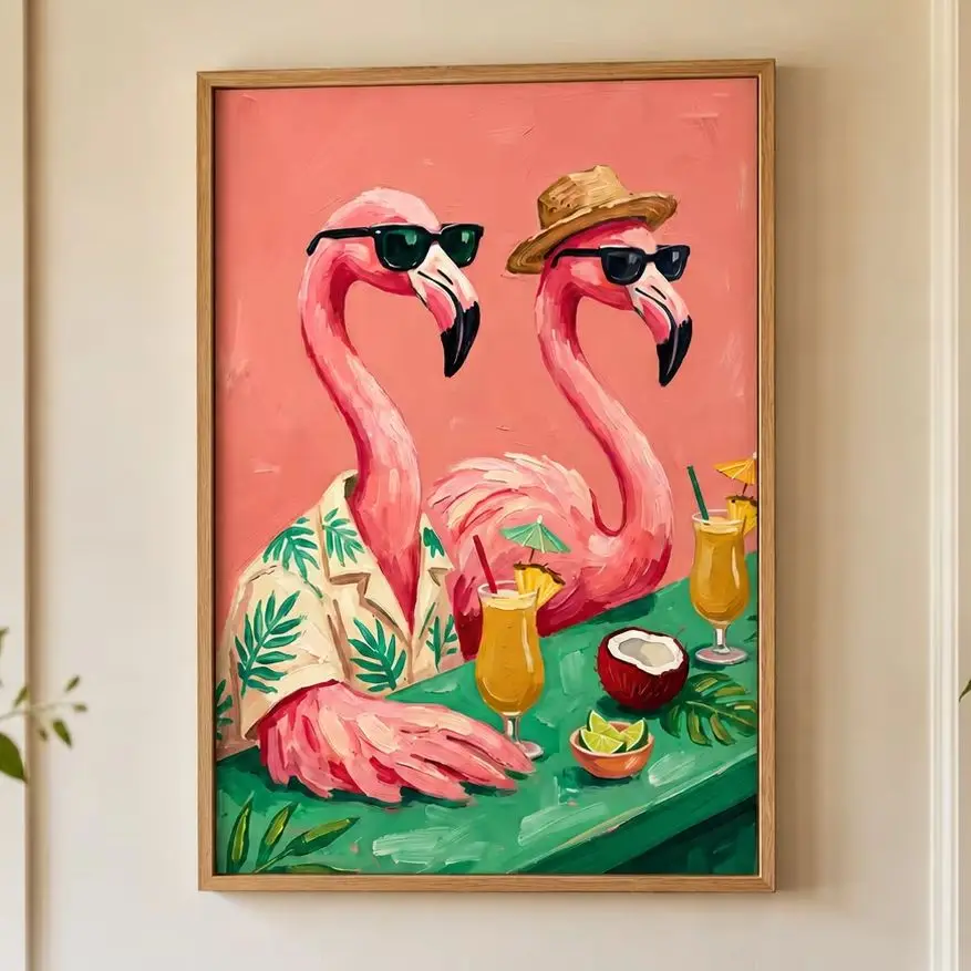 Flamingo Fiesta Poster,Canvas Wall Print,Modern Art Illustration,High‑Grade Home Decoration Artwork for Bedroom,Living Room,Offi