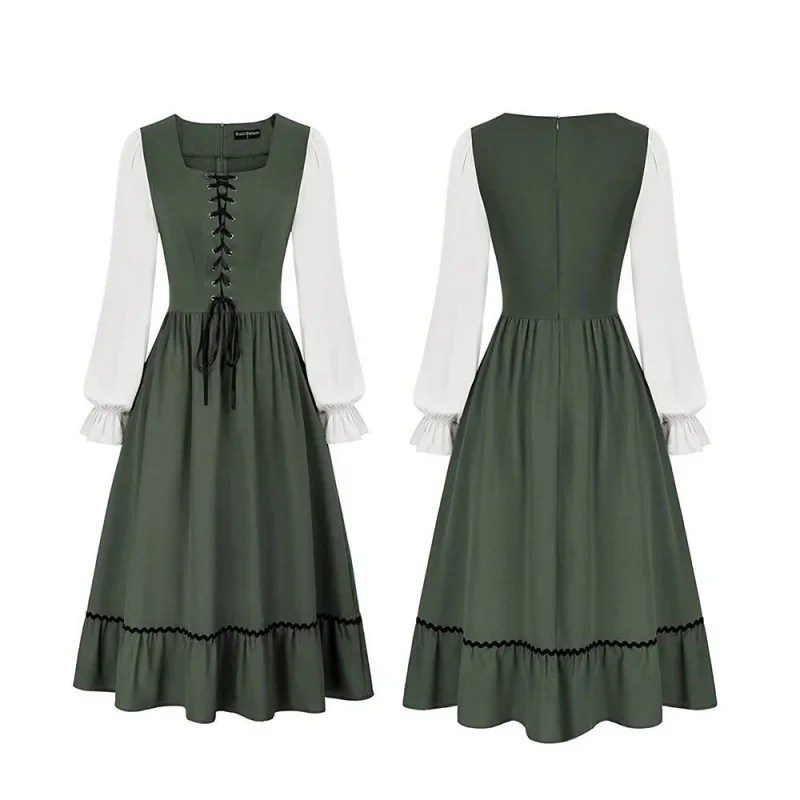 Women'S Vintage Court Medieval Midi Tie Solid Color Neck A-Line Dress Pioneer Colonial Costume Prairie Civil War Cosplay