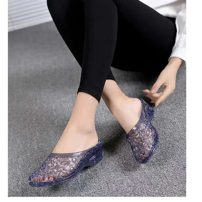 Comemore Woman Outerwear Slides Women Summer Women\'s Mules Heels Female Footwear Close Toes Purple Crystal Shoes Wedges Slippers