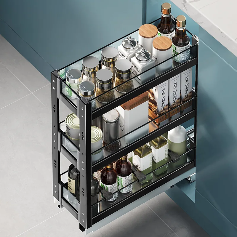 

Kitchen Narrow Cabinet Drawer Condiments Seasoning Pull Basket Pull-Out Storage Rack Aluminum Alloy Narrow Cabinet Drawer Shelf