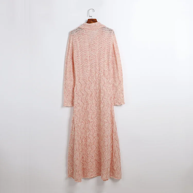 Roze gebreide maxi-jurk voor dames, hals met bloemkraag, lange uitlopende mouwen, lente-herfstjurken, gebreide jurk met opengewerkte golfpatroon