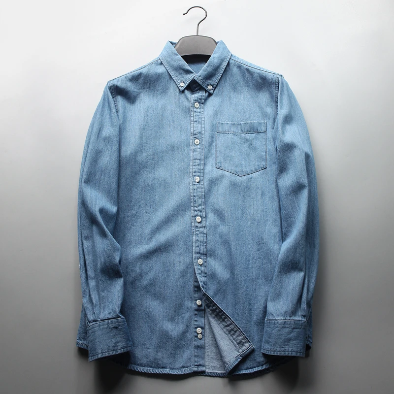 Classic Denim Blue Men's Casual Shirt Long Sleeve Spring Summer Autumn Cotton Workwear Fashionable Youth Style Sharp Collar