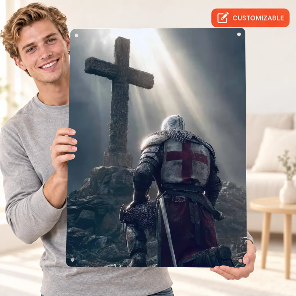 Knight Kneeling Before A Cross Printed Poster Customized Aluminum Metal Sign Devotional Painting Wall Art In Quiet Prayer Corner
