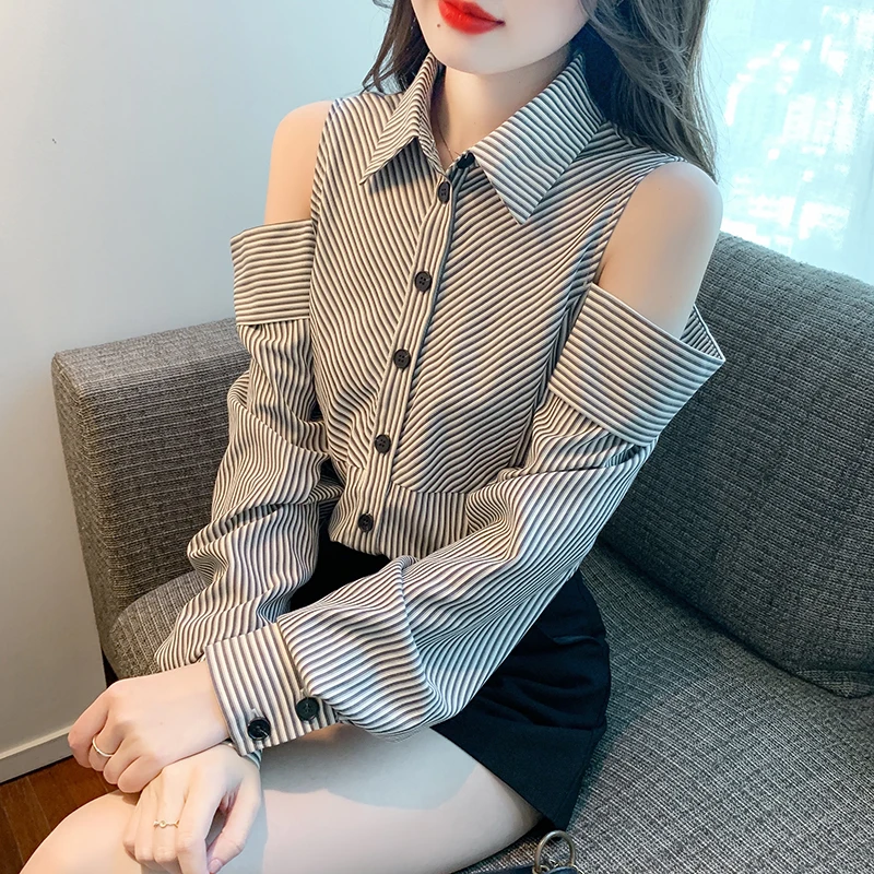 Korean Style Striped Strapless Shirt Women Long Sleeve Single Breasted Office Lady Tops Fashion Casual Versatile Blouse Female