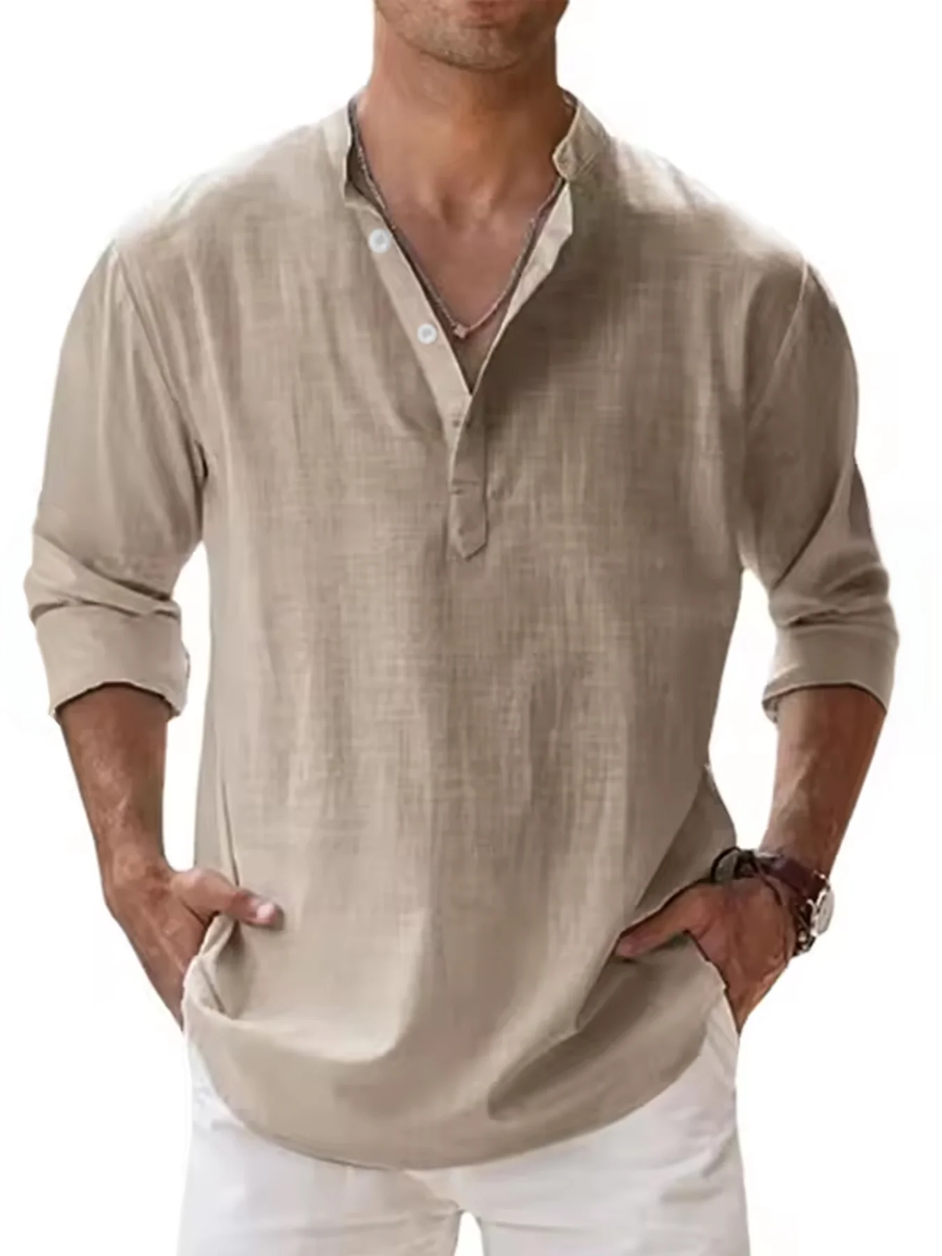 Men's Linen Blend Henley Neck Long Sleeve Shirt, Breathable Partial Placket Casual Top for Daily, Vacation & Beach Wear