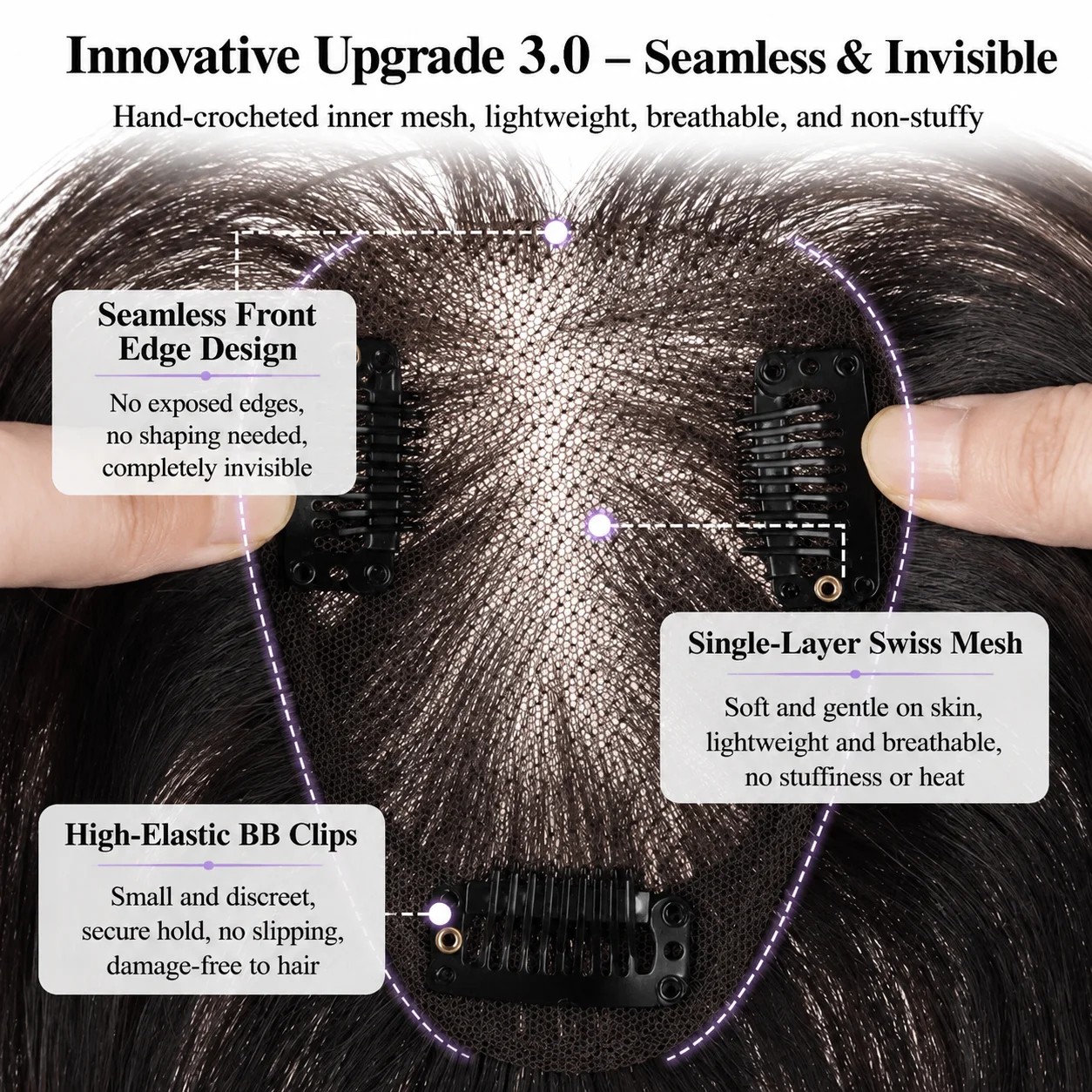 Immagine 3: Topper per capelli umani in pizzo invisibile 7x10 cm, leggero e voluminoso, con frangia naturale, per coprire capelli grigi e diradati