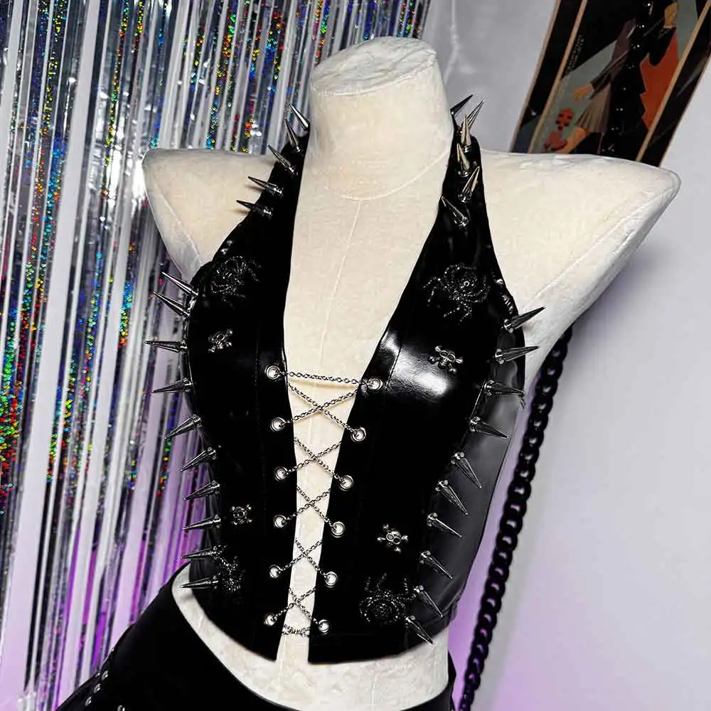 

Eco Goth Kawaii Hand Made Emo Gothic DIY E-Girls Grunge Harajuku Y2K Halter Camisole TOPS 90s Punk Rock Studded Rivet