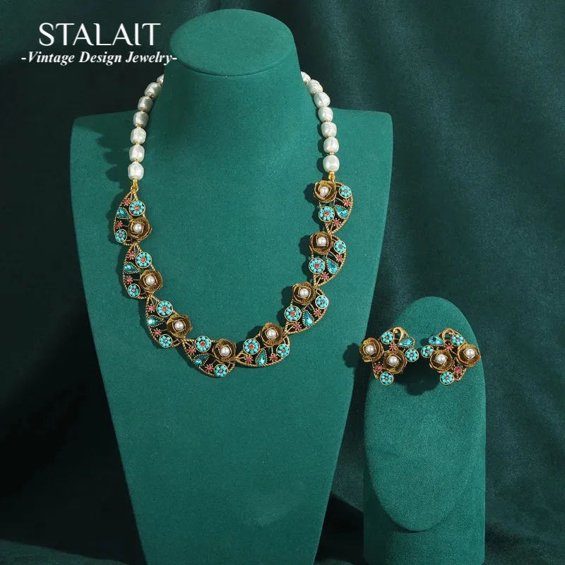 

Винтажные серьги и ожерелье с рисовыми бусинами и цветком в стиле ретро, комплект ювелирных изделий для женщин, свадебный подарок, аксессуары в форме синей смолы