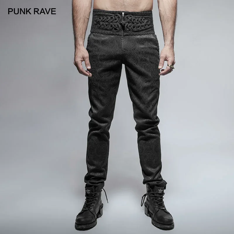 PUNK RAVE Gothic Slim-Fit Long men\'s Pants Steampunk Retro Daily Peacock Button Casual High Waist Trousers Wedding  Men