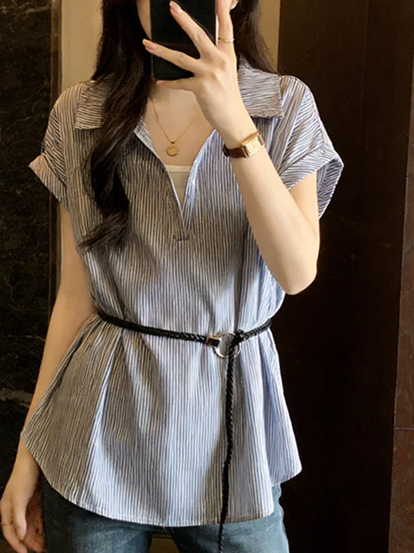 

plus Size Summer Shirt Korean Style Striped Flip Collar Top with Belt Slimming Effect Breathable Comfortable Daily Wear