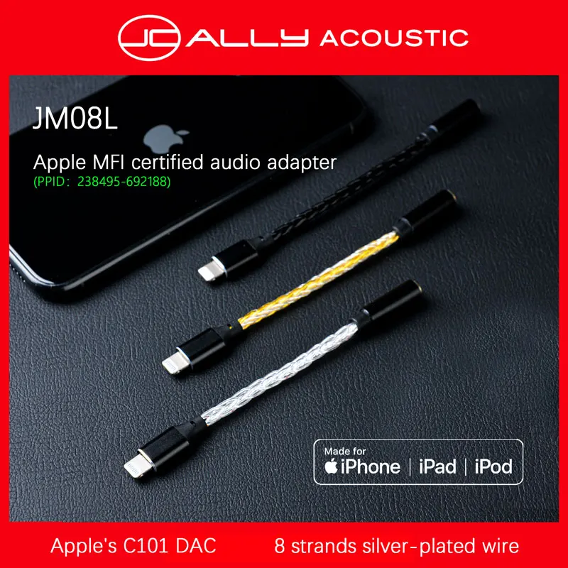 JCALLY JM08L HiFi Earphone Amplifier 3.5mm to Light-ning Earphone Adapter C101 DAC 8 Stands Silver Plated MFI Cable for iphone