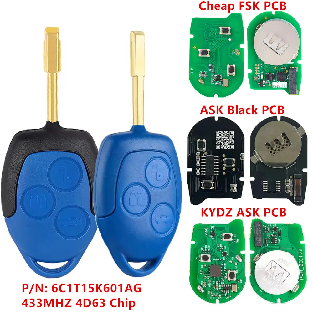 KEYECU Replacement Remote Key FOB 3Buttons 434MHZ 4D63 Chip P/N: 1721051 6C1T15K601AG for Ford Transit (TT9) 2006-2014