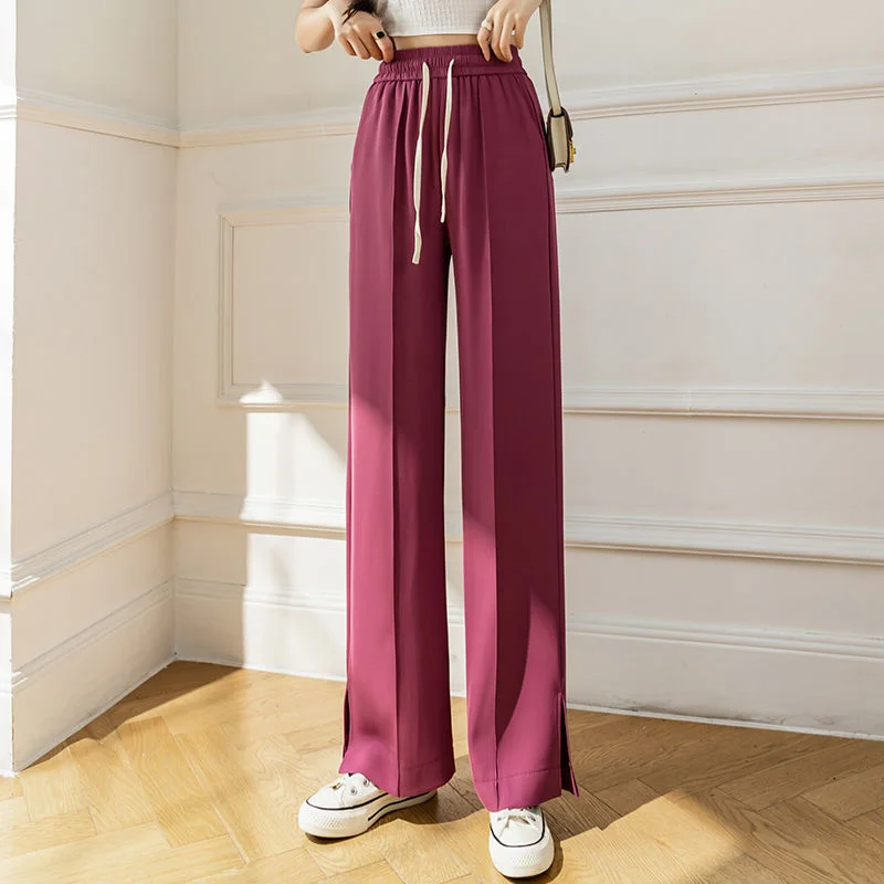 Split Elastic Waist Suit Wide Leg Pants Women 2022 Summer Fashon Drawstring Straight Loose Trousers Casual Pantalon Female