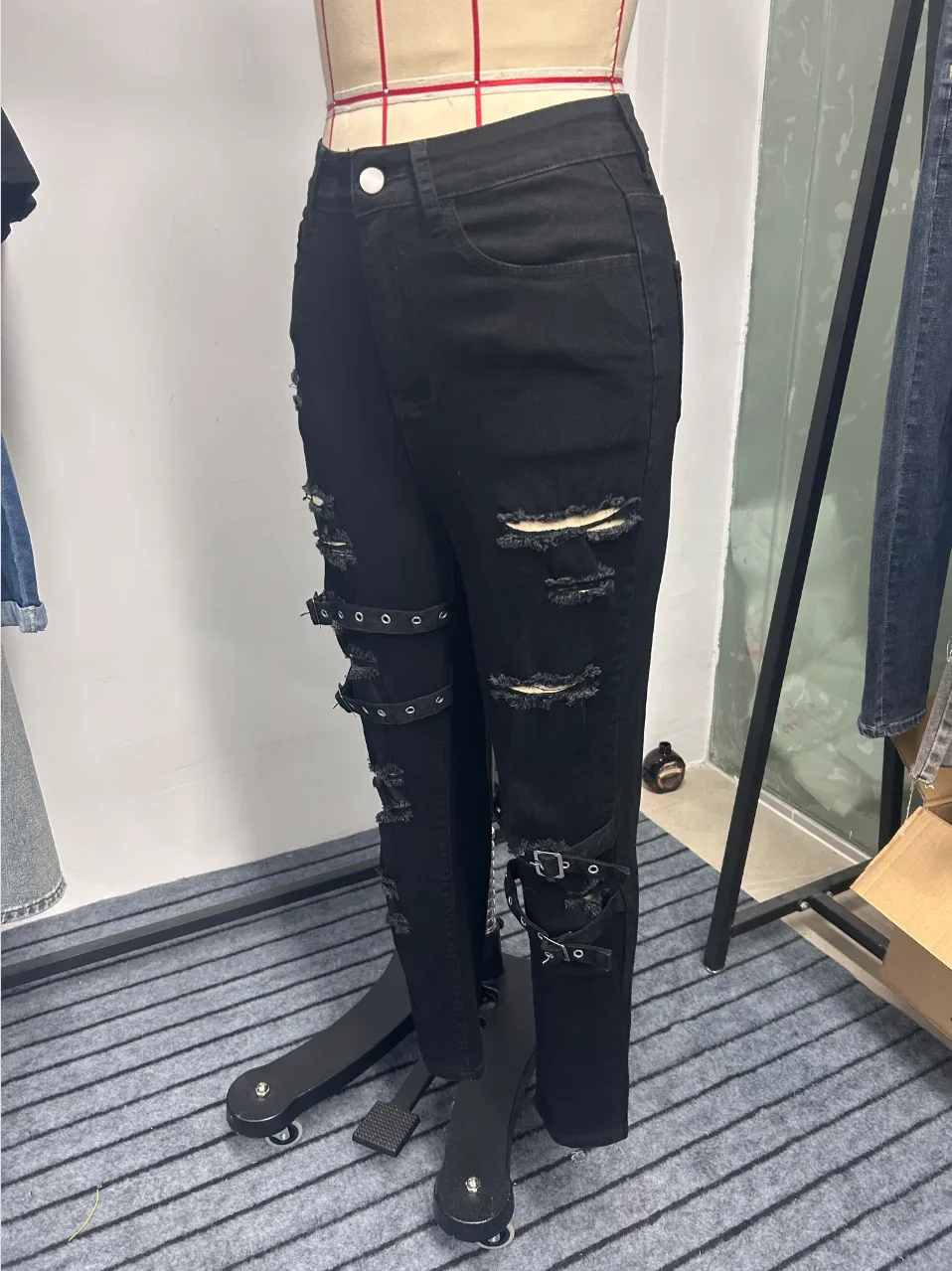 Y2k ジーンズ女性のためのファッション破れたベルトバックルスリムフィットストレッチスキニーパンツハイウエストヴィンテージレトロスタイル