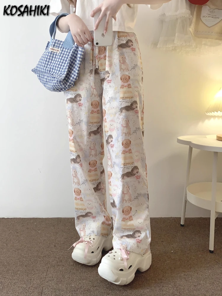 

Streetwear Harajuku Vintage Wide Leg Trousers Y2k Kawaii Bow Dog Print Straight Pants Casual Loose Pantalones Women All Match