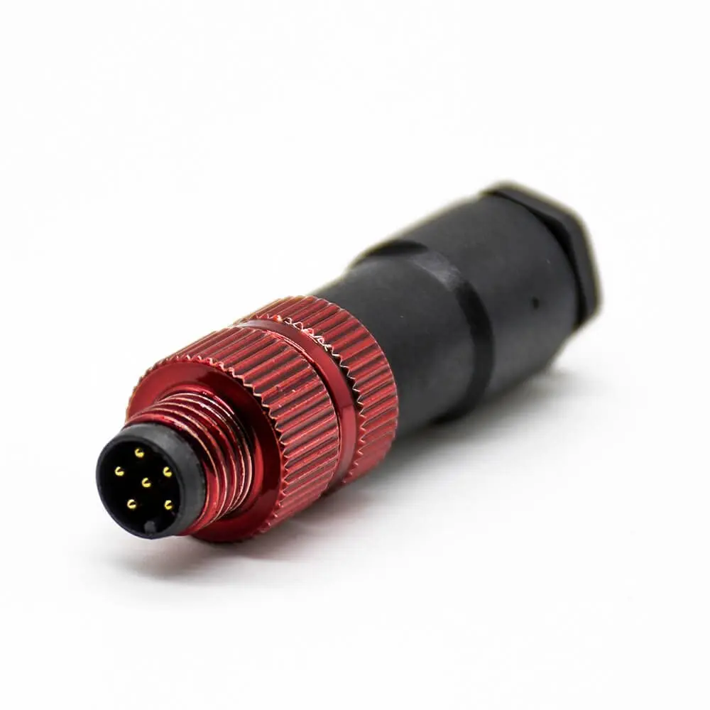 M8 Male 6-pin B Code Plug Solder Type Female Socket Front Mount Straight Red Wine Unshielded