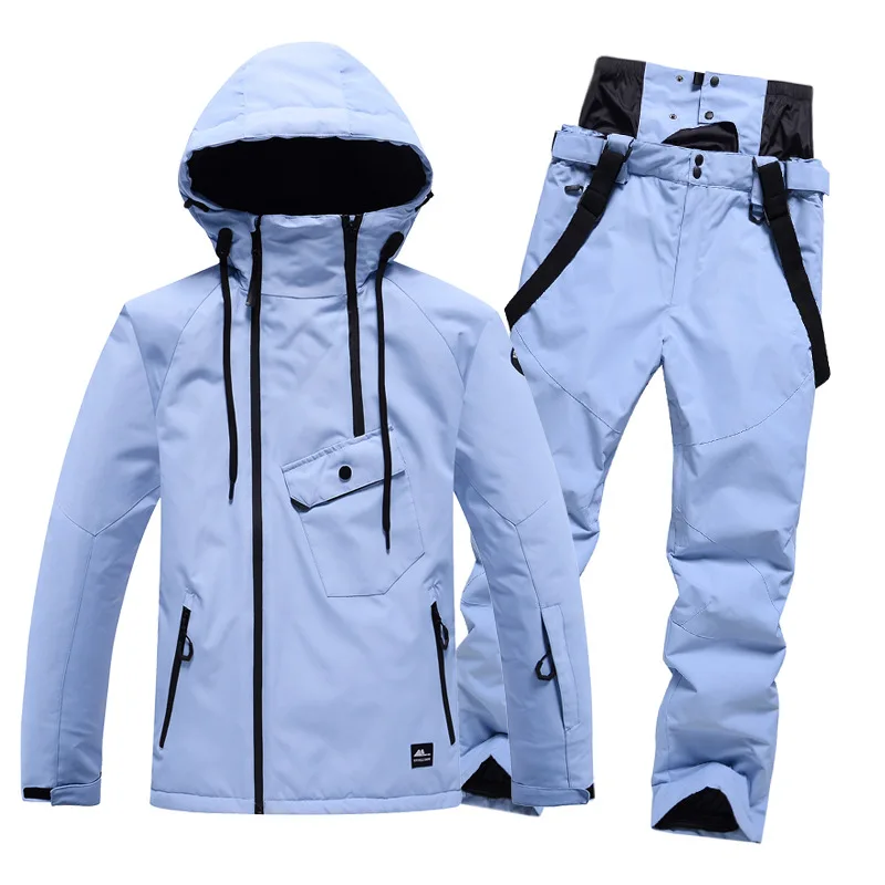 STLF Solid Color Hooded Ski Suit for Men Women Windproof Waterproof Warm Breathable Snowboard Jacket Pants