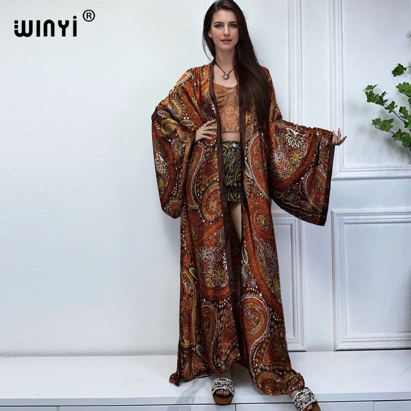 

WINYI fashion kimono Africa beach wear cover-ups Classic print Cardigan beach outfits for women vestidos swimwear silk feelcoat