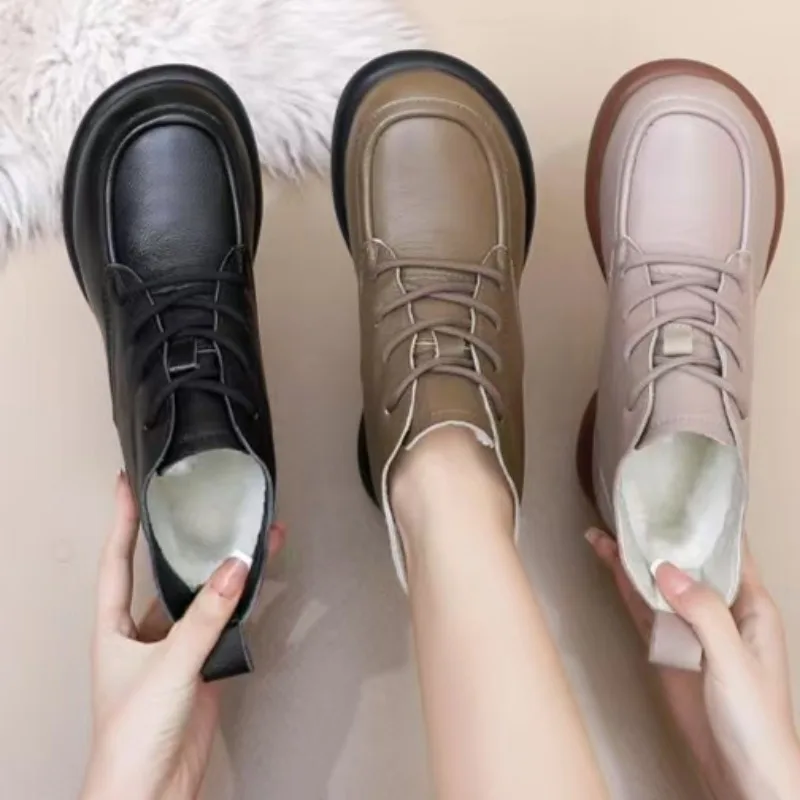 

Новинка 2023 года, женские ботильоны, удобные теплые женские ботинки на плоской подошве с ремешками, зимняя плюшевая женская обувь с круглой головкой