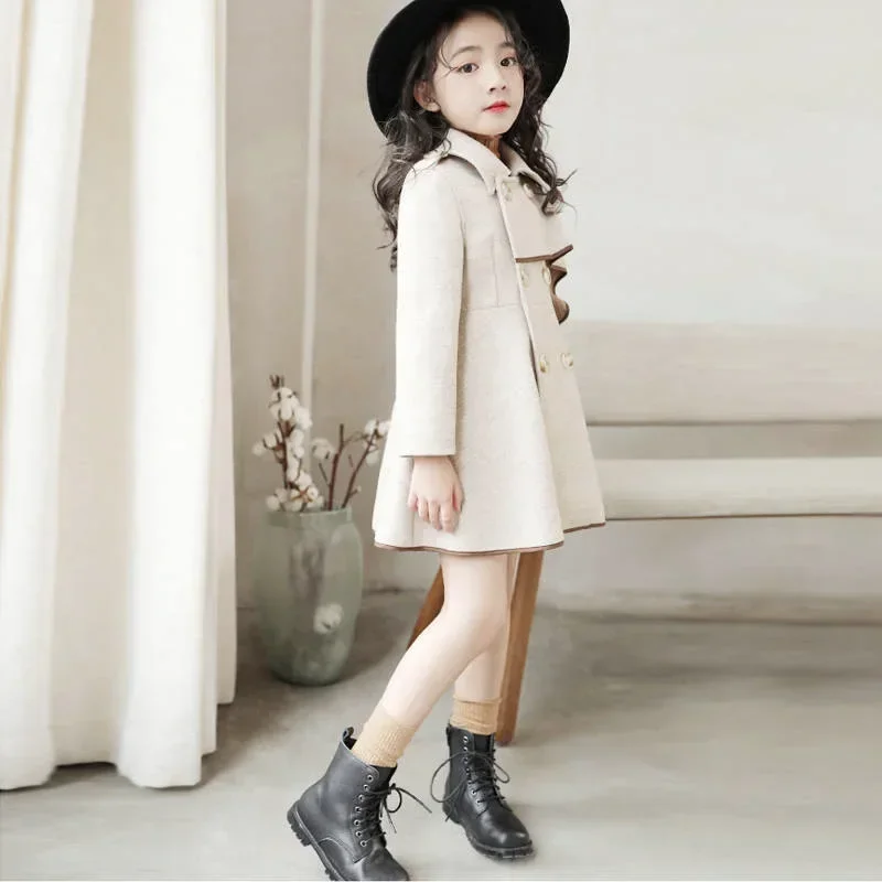 Girls Warm Woolen Coat Winter Thicken Outerwear Girl Woolen Jacket Kids Ruffle Sleeves Long Overcoat Autumn Fashion Girl Jackets