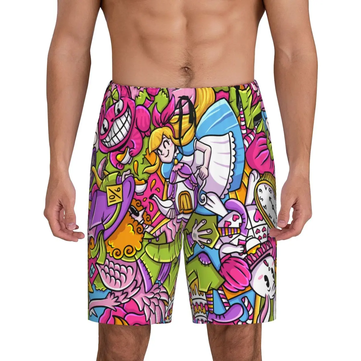 

Custom Alice In Wonderland Cheshire Cat Pajama Shorts Men's Sleepwear Lounge Bottom Stretch Sleep Short Pjs with Pockets