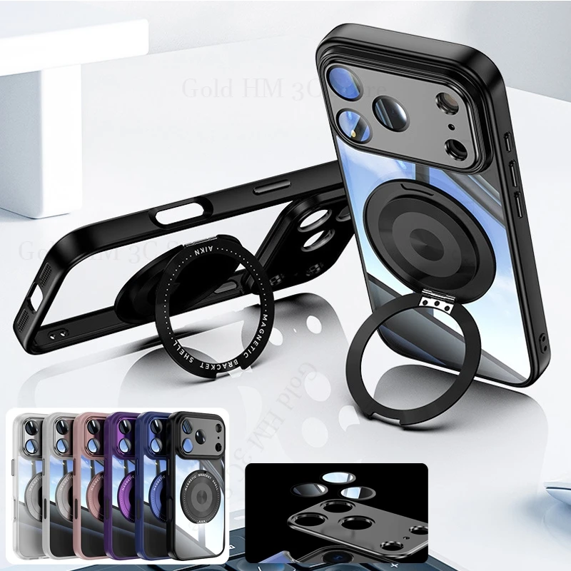 

360° Finger Magnetic Ring Kickstand Case For iPhone 17 Air 16E 16 Pro Max For Magsafe Transparent Back Cover For Apple 15 14 Pro