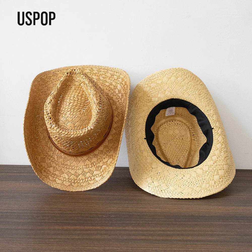 USPOP Western Cowboy Straw Hat Handmade Hollow Paper Straw Wide Brim Sun Hat with Belt Buckle for Women Men Outdoor Travel Beach